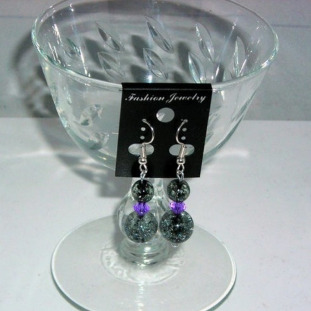 ❤️ NEW Designs by Suni Earrings Smokey Crackle Glass & Purple Crystal Wire Wrap